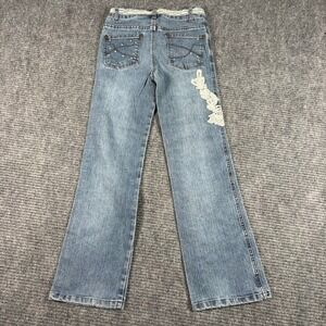 Vtg Mary-Kate and Ashley Flare Jeans Girls 8 Blue Excellent Lace Rhinestone Y2K